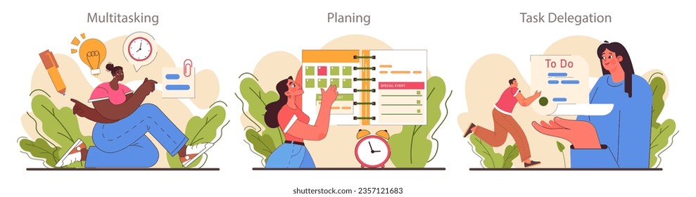 Time management skills. Character with self-discipline. Planning and checking task, appointment or assignment planning. Organization for performance efficiency. Flat vector illustration