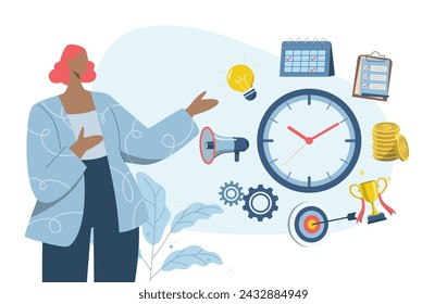 Time management skills, Corporate schedule management, Good business process, Businesswoman with well organized work plan that meets deadlines,  Vector design illustration.