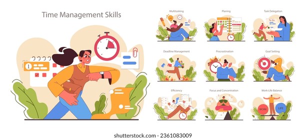 Juego de habilidades de manejo del tiempo. Carácter con autodisciplina. Planificación y comprobación de la planificación de tareas, citas o asignaciones. Organización para la eficiencia en el desempeño. Ilustración vectorial plana