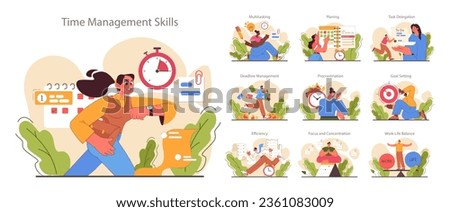 Time management skills set. Character with self-discipline. Planning and checking task, appointment or assignment planning. Organization for performance efficiency. Flat vector illustration