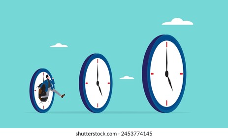 time management skills, successful time management as inspiration for the next time management, increasing expertise over time, businessman jumps through the small clock to the big one