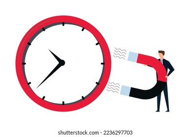 Gestión del tiempo, empresario inteligente que usa imán para detener la metáfora del reloj de la manipulación del tiempo.