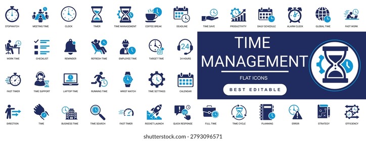 time management solid glyph icon set. productivity, planning, schedule, deadline, optimization, strategy, efficiency, organization. editable vector illustration.