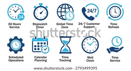 Time management solid icons and 24 hours customer support glyph elements. Vector illustration of flat blue corporate schedule calendar stopwatch stopwatch tracking representing clock template.