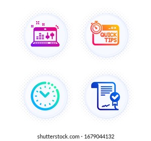 Zeitmanagement, Sound-Prüfung und Quick Tipps Symbole einfach gesetzt. Taste mit halftonischen Punkten. Genehmigtes Vertragszeichen. Bürouhr, DJ-Controller, Hilfreiche Tricks. Geprüftes Dokument. Bildungsstand. Vektorillustration