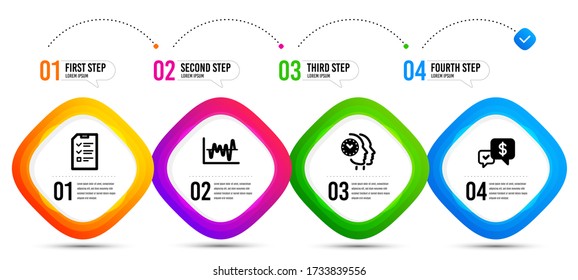 Administración de tiempo, análisis de stock y ajuste simple de iconos de entrevista. Infografía de la línea de tiempo. Signo de pago recibido. Reloj de trabajo en equipo, comercio comercial, archivo de lista de verificación. Dinero. Conjunto de educación. Vector