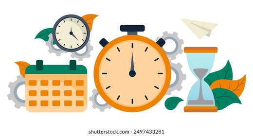 Time management. Stopwatch, clock, hourglass, calendar, gears, green orange leaves, paper plane, personal schedule, planning, timetable, make an appointment, keep track of time, timer, alarm, work