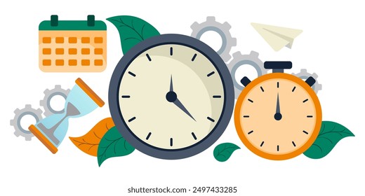 Gestión del tiempo. Cronómetro, reloj, reloj de arena, calendario, engranajes, hojas de naranja verde, avión de papel, horario personal, planificación, horario, hacer una cita, mantener la pista de tiempo, temporizador, alarma, trabajo