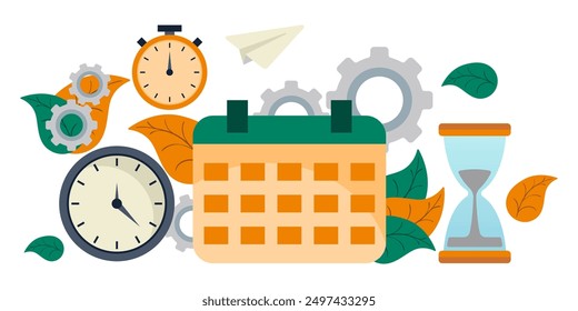 Time management. Stopwatch, clock, hourglass, calendar, gears, green orange leaves, paper plane, personal schedule, planning, timetable, make an appointment, keep track of time, timer, alarm, work