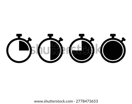 Time management stopwatch collection, minimalist flat symbols, duration, countdown, intervals, progress, and efficiency