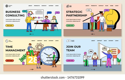 Time management and strategic partnership vector, business consulting join our team. People working on projects together, workspace of workers. Team work with new project or idea. Website flat style