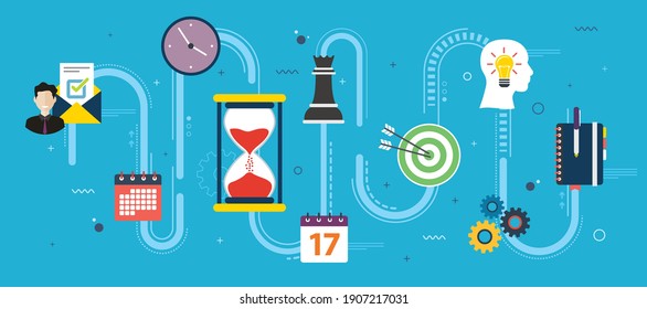 Zeitmanagement-Strategie und Frist. Teamwork, Führung und Produktivität im Geschäft. Symboldesign in Vektorgrafik von Uhr, Agenda, Kalender, Idee, Team und Stundenglas auf blauem Hintergrund.