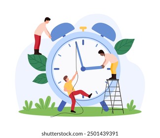 Estrategia de gestión del tiempo con eficiencia, precisión de horarios y organización de citas. Personas diminutas tiran de la mano del reloj hacia atrás en la cuerda para detener la cuenta regresiva y retrasar la Ilustración vectorial de dibujos animados