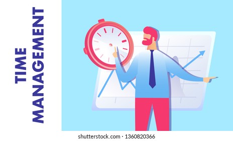 Time Management Strategy Flat Vector Illustration. Productive Entrepreneur Cartoon Character. Businessman Planning Work Schedule. Efficiency Increase, Workflow Optimization. Banner with Typography