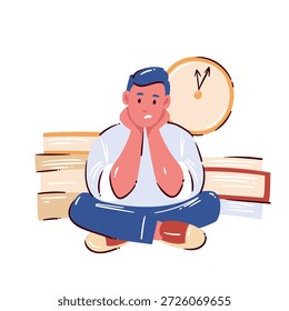 Time management stress homem sentado com livros e relógio. Pressão do prazo, sobrecarga, planejamento deficiente, problema de equilíbrio de trabalho do estudo. Ilustração de vetor de desenhos animados, isolada.