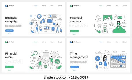 Time management, success and financial crisis, online business campaign thin line set vector illustration. Cartoon tiny people work with up and down arrow market chart, schedule to organize tasks