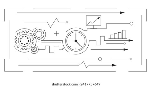 Time Management and Successful Business Strategy Line Art. Technology and science helping to do work