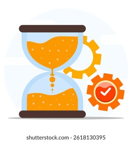 Time management and successful task concept. Efficient process with gears, hourglass and checkmarks. 
