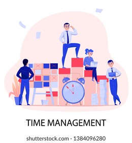 Time management successful teamwork deadline stress overcoming with task planning control alarm clock flat composition vector illustration