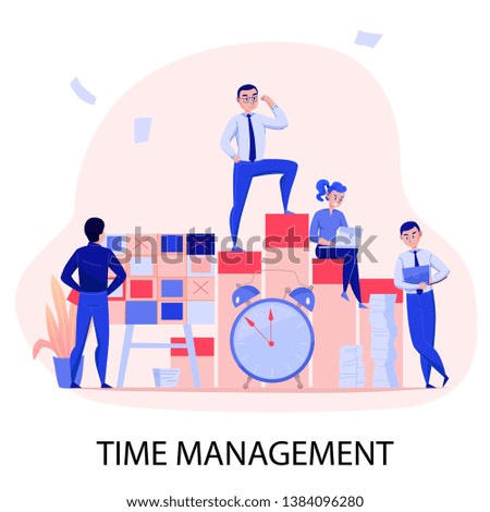 Time management successful teamwork deadline stress overcoming with task planning control alarm clock flat composition vector illustration