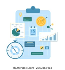 Time management and summary project organization vector illustration. Cartoon isolated office clipboard with set of brief documents, marketing pie charts, deadline date, timer stopwatch and target