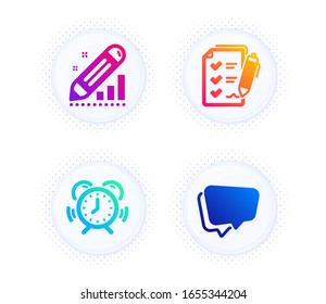 Time management, Survey checklist and Edit statistics icons simple set. Button with halftone dots. Speech bubble sign. Alarm clock, Report, Seo manage. Chat message. Education set. Vector