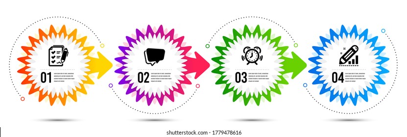 Administración de tiempo, lista de comprobación de encuestas y edición de iconos de estadísticas simple conjunto. infografía de pasos de línea de tiempo. Signo de burbuja de voz. Reloj de alarma, Reporte, Seo se las arregla. Mensaje de conversación. Conjunto de educación. Vector