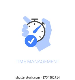 Time management symbol with a human hand holding a stopwatch and check mark. Easy to use for your website or presentation.