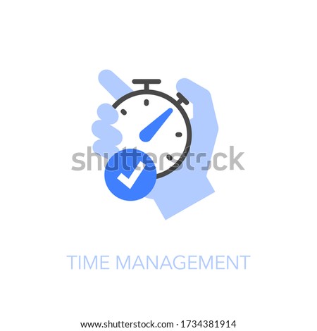Time management symbol with a human hand holding a stopwatch and check mark. Easy to use for your website or presentation.