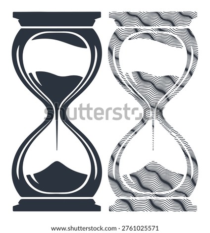 Time management symbol, sand clock vector illustration, countdown measurement instrument.