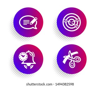 Time management, Targeting and Message icons simple set. Halftone dots button. Scissors sign. Alarm clock, Target with arrows, Speech bubble. Cutting ribbon. Education set. Vector