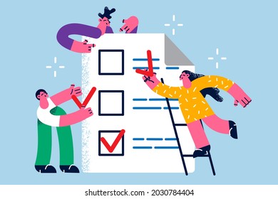 Time management and task completion concept. Group of business people standing around huge list of work duties tasks with red marks for completing vector illustration 