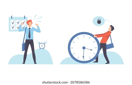 Time Management and Task Planning with Young Man with Clock Organizing His Timeline Vector Set
