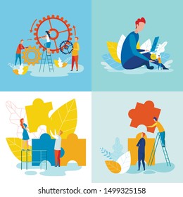 Time management and Team Work in Office under Deadline. Business Strategy and Company Work Organization With Cartoon People Characters represent Productivity. Flat Vector Illustrations Set.