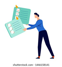 Time management and teamwork business concept vector. Man, company worker holds in hands task card with tick marks