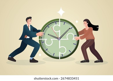 Gestión del tiempo y concepto de trabajo en equipo. Un equipo de negocios de un hombre y una mujer montando un rompecabezas de reloj. Una Ilustración vectorial para la fecha límite del proyecto, la productividad y la colaboración.