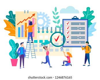 Time management, teamwork, office work. Marketers, managers analyze the data and organize the workflow. Vector illustration for social media, web design, posters and presentations.