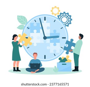 Time management and teamwork vector illustration. Cartoon tiny people put puzzle pieces into big clock, office managers control workflow and plan organization of work tasks with effective method