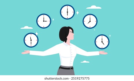 Gestión del tiempo, técnicas de gestión del tiempo para un mejor compromiso, gestión del tiempo relacionado con la productividad, eficacia del tiempo de trabajo, hombre de negocios sosteniendo varios relojes en diferentes momentos