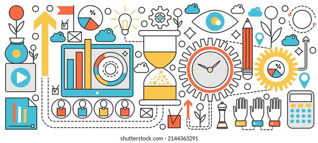 Time management technology. Productivity of processes and business development, control plans and projects, engine gears and hourglass clock in infographic concept banner, thin line art design