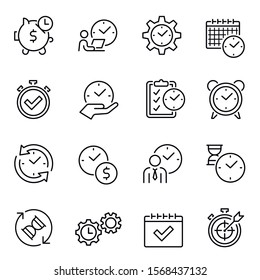 Time management thin line contour icons set. Workplace organization linear signs. Task planning, project optimization symbols. Events scheduling, meeting deadline isolated vector outline illustrations