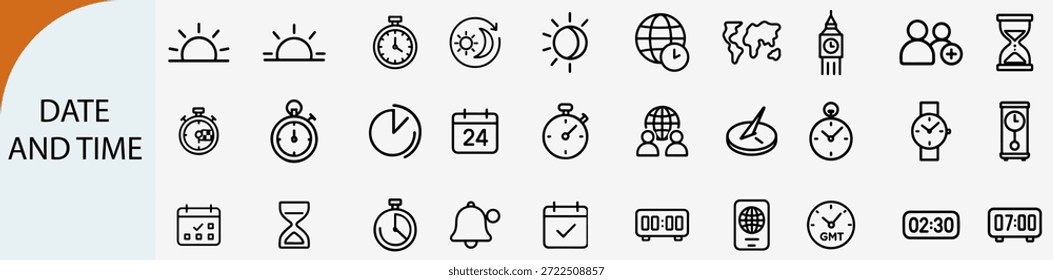 “Conjunto de iconos de línea delgada de administración de fecha y hora, Ilustración vectorial”