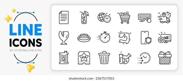 Time management, Timer and Fragile package line icons set for app include Surprise, Medical analytics, Like outline thin icon. Vip ticket, Computer keyboard, Chemistry lab pictogram icon. Vector