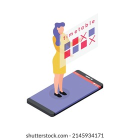 Time management timetable isometric icon with female character using smartphone app 3d vector illustration