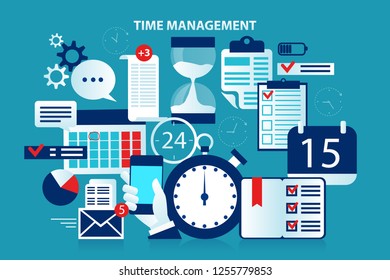 Time management, Timing concept. Alarm clock, sand watch, stopwatch, calendar with schedule and tasks around it.  Eps 10 Vector illustration, Minimalist white blue flat business style modern design.
