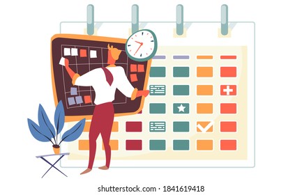 Time management tips, business idea development, generation of innovation concept. Man thinking about promotion, brainstorming. Office worker near board and calendar. Business and motivation banner
