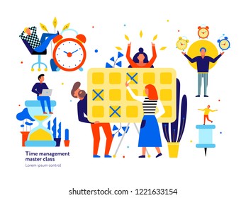 Time management tips symbols flat elements set with alarm clock juggling effective planning control masterclass vector illustration