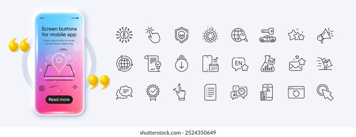 Time management, Touchpoint and Click here line icons for web app. Phone mockup gradient screen. Pack of Internet search, Stars, Approved agreement pictogram icons. Vector