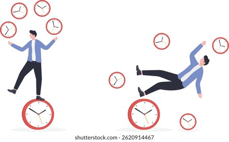 Time management and training, time control, work efficiency, time control in business projects or work, businessman riding unicycle training juggling clock

