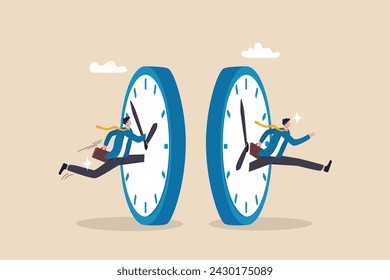 Time management or time travel to the future, time flied fast to work deadline, productivity or efficiency, effort or work schedule, evolution concept, businessman jump into clock to the future.